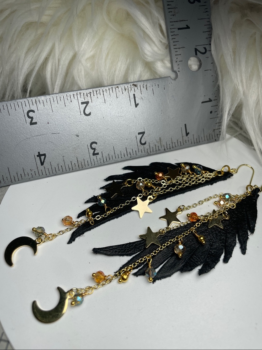 Black Leather Raven Wings & Gold Star Moon Drop Fringe Boho Earrings | Artisan - Picture 16 of 16